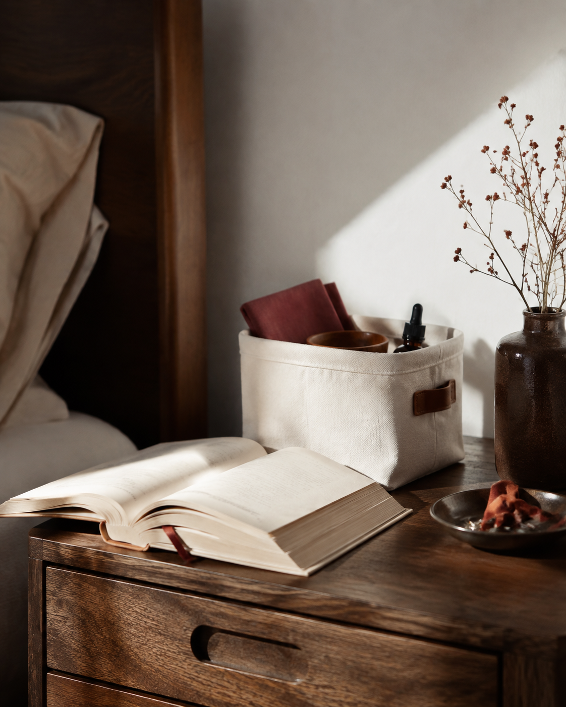 Illustrative bedside corner in soft daylight