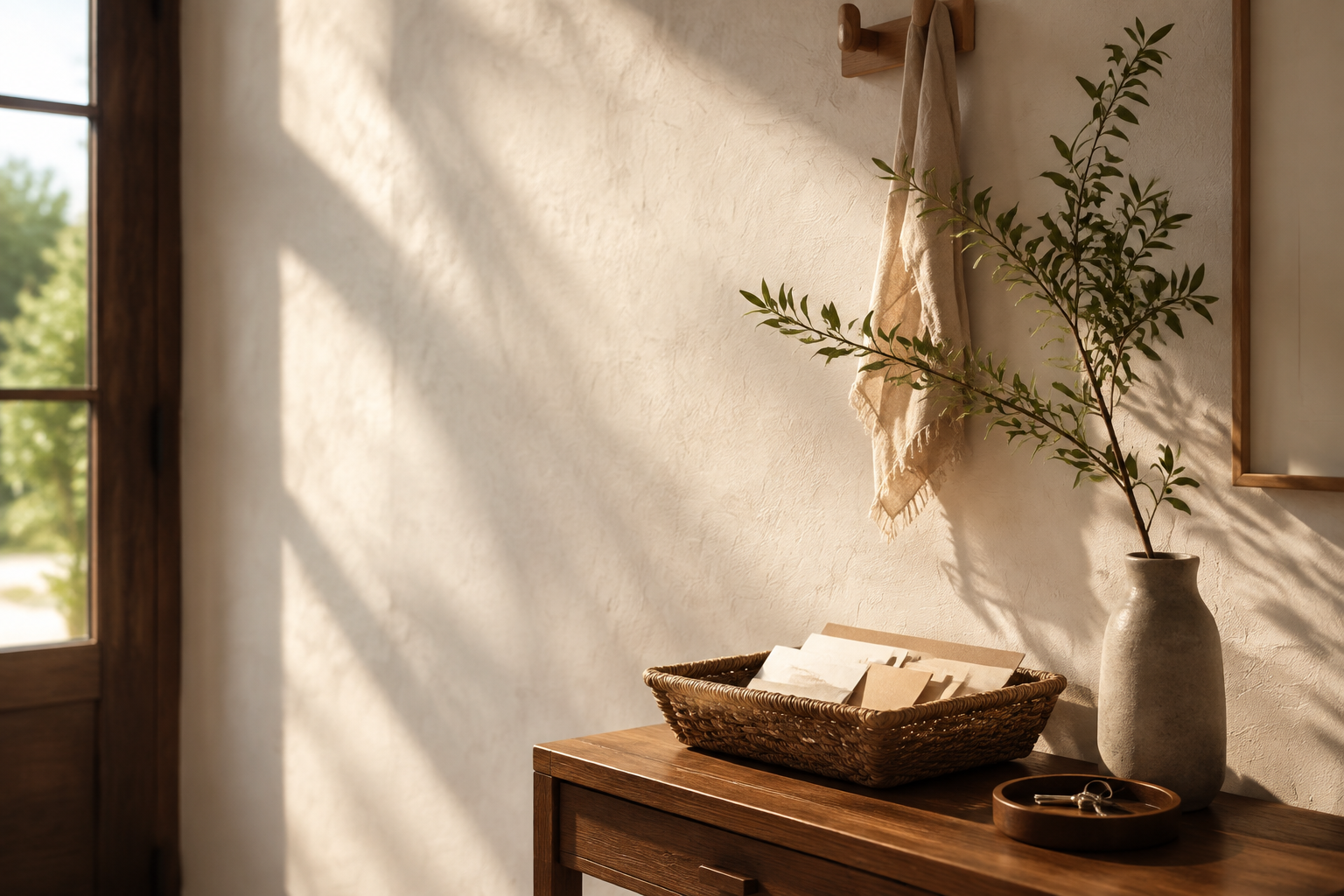 Illustrative entryway with warm wood and a woven basket