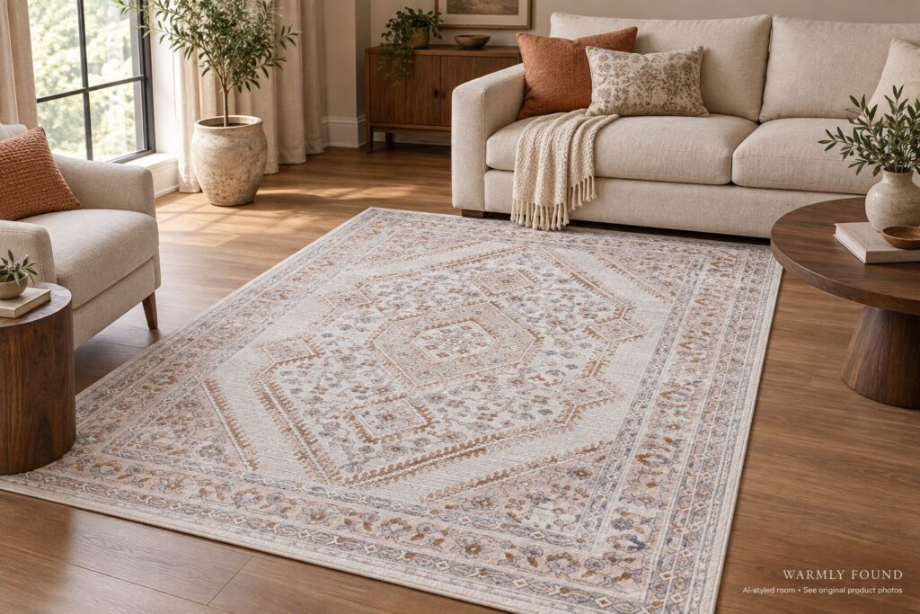MARFI Cream & Ivory rug — living room inspiration (AI-styled room).